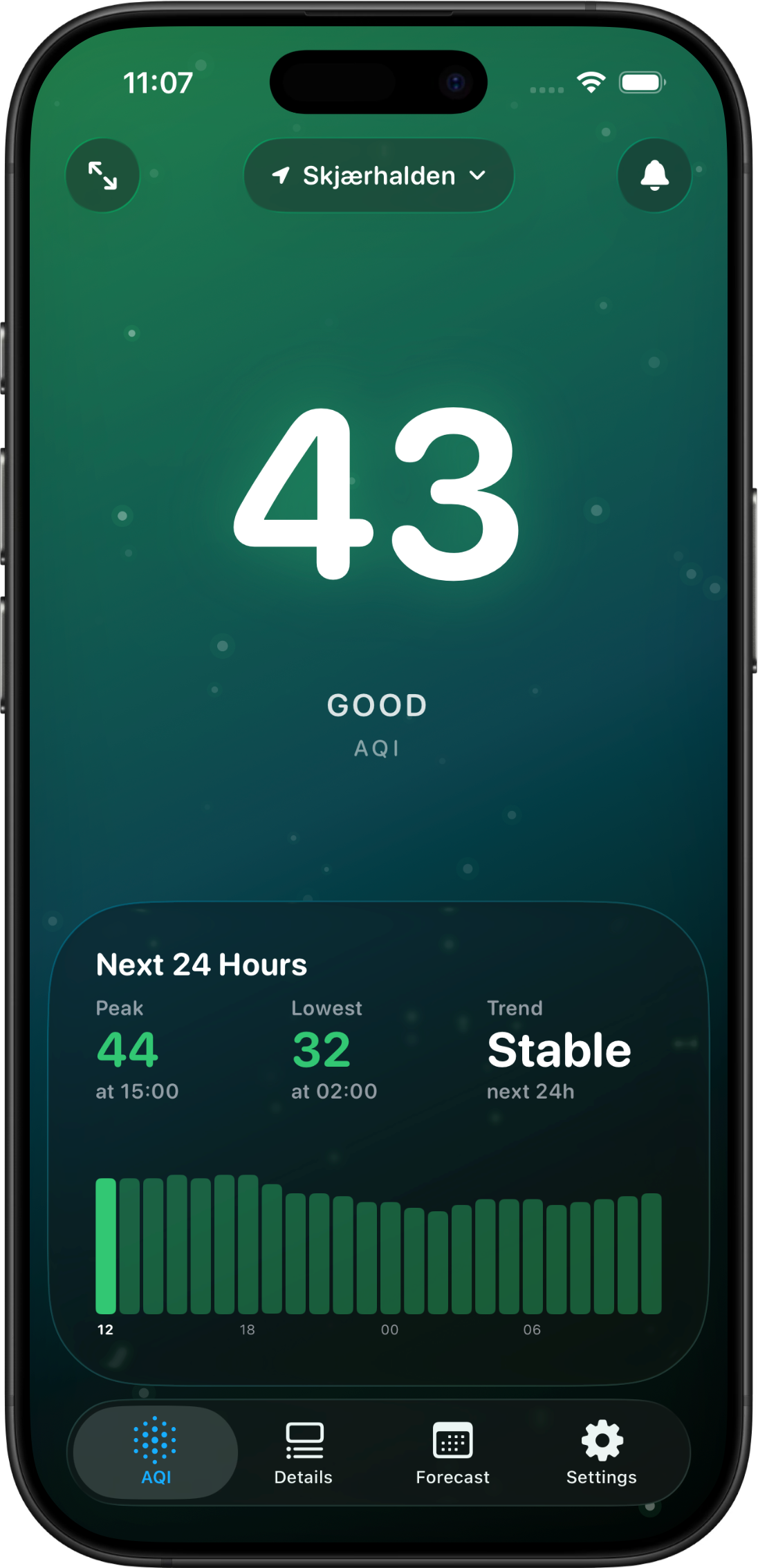 The AQI tab on iPhone: a large reading of 43, Good, on a calm green particle background, with a Next 24 Hours card showing peak 44, lowest 32 and a stable trend above an hourly bar chart