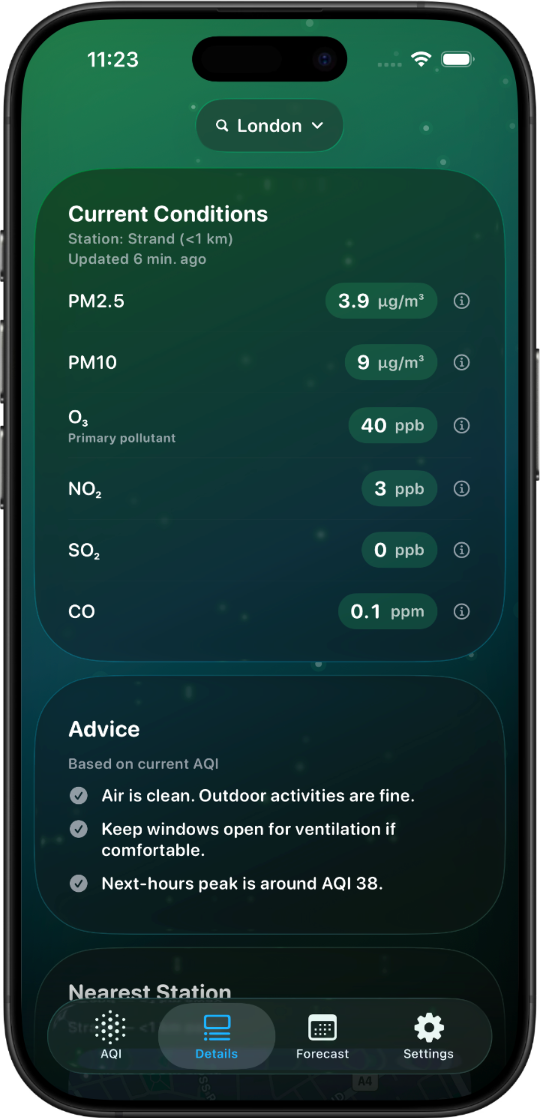 The Air Quality Index Deluxe app on iPhone showing the live AQI view (Details screenshot coming)